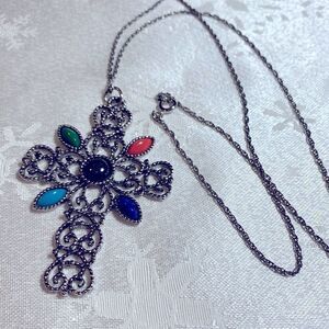 Avon Cross Necklace w/ Faux Stones on Silver Tone Chain 24” Gorgeous